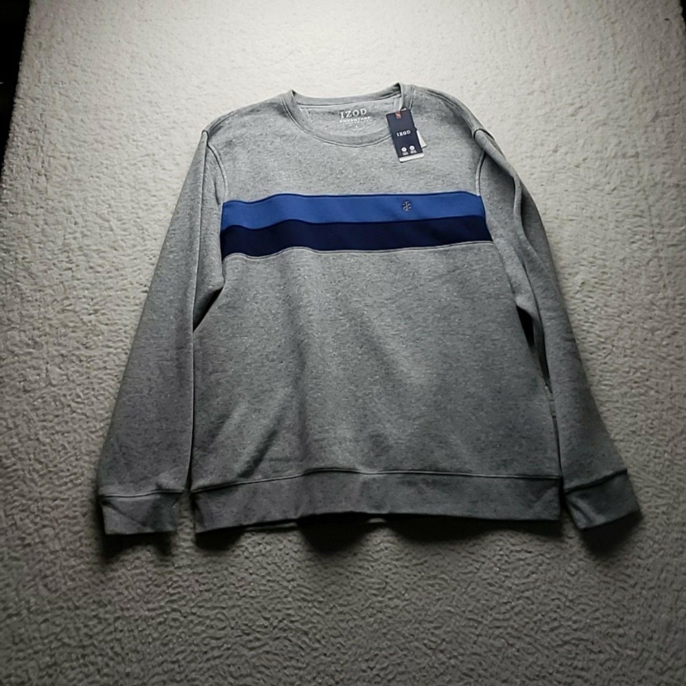 IZOD Sweatshirt Mens Large Gray Stripe Crewneck Advantage Performance Fleece